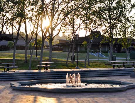 sunset on campus with beautiful fountain